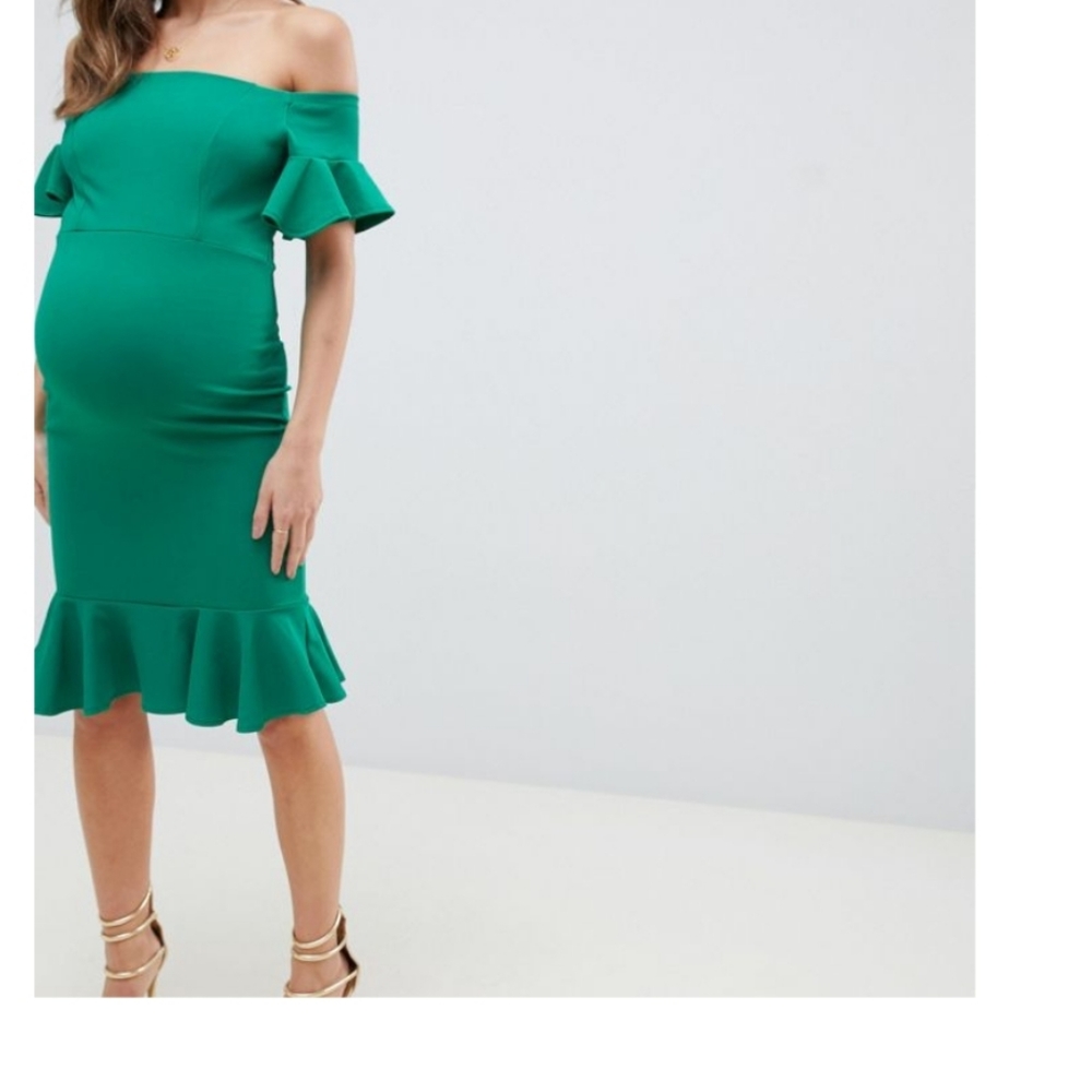 Queen bee bardot midi dress with ruffle sleeve